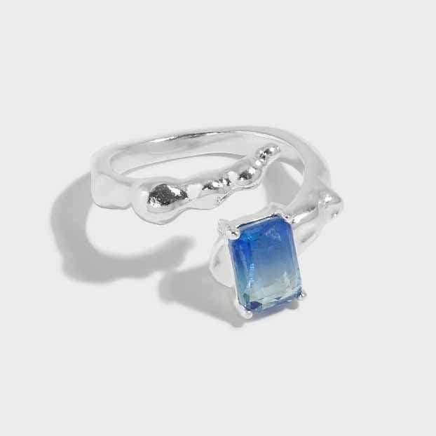 Geometric Emerald Shading Blue CZ 925 Sterling Silver Adjustable Ring