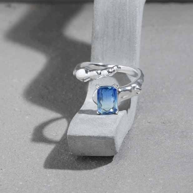 Geometric Emerald Shading Blue CZ 925 Sterling Silver Adjustable Ring