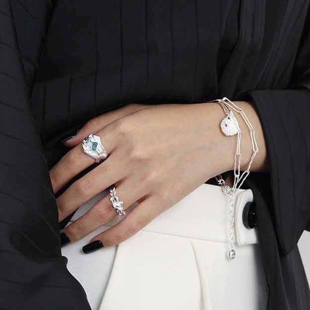 Elegant Irregular Green CZ 925 Sterling Silver Adjustable Ring