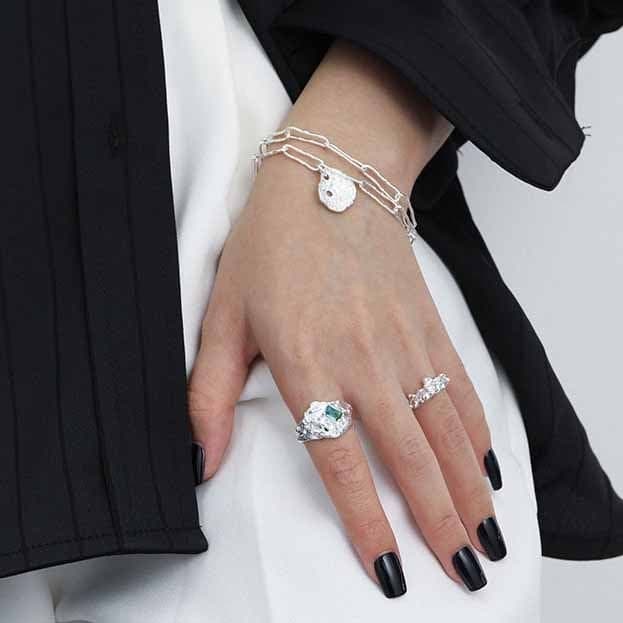 Elegant Irregular Green CZ 925 Sterling Silver Adjustable Ring