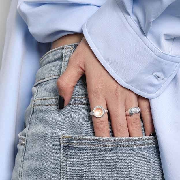 Round Moonstone 925 Sterling Silver Adjustable Ring