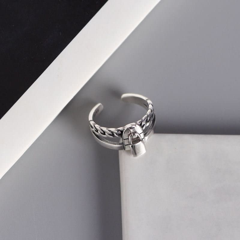 Vintage Chain Lock 925 Sterling Silver Adjustable Ring