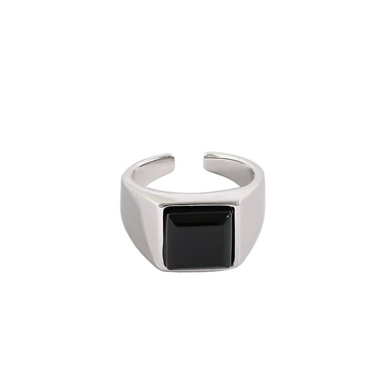 Geometric Square Created Black Agate 925 Sterling Silver Adjustable Ring