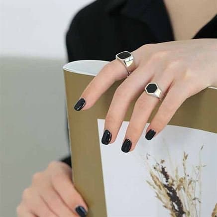 Geometric Black Square 925 Sterling Silver Adjustable Ring