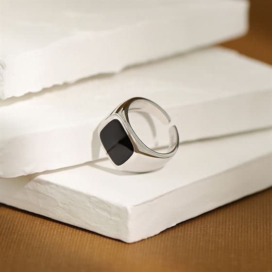 Geometric Black Square 925 Sterling Silver Adjustable Ring