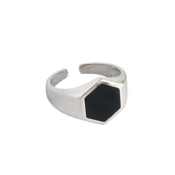 Office Geometric Black Hexagon 925 Sterling Silver Adjustable Ring