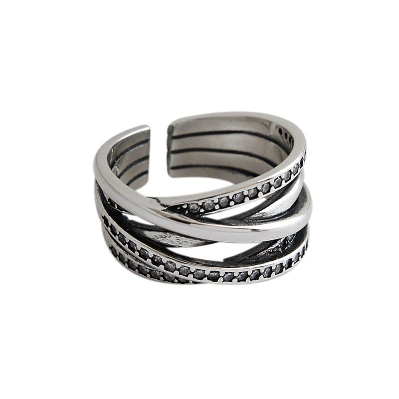 Retro CZ Multi Lines Cross 925 Sterling Silver Adjustable Ring