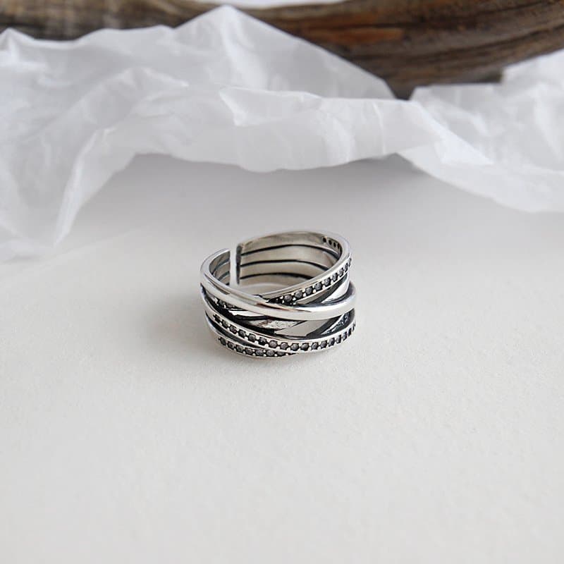 Retro CZ Multi Lines Cross 925 Sterling Silver Adjustable Ring