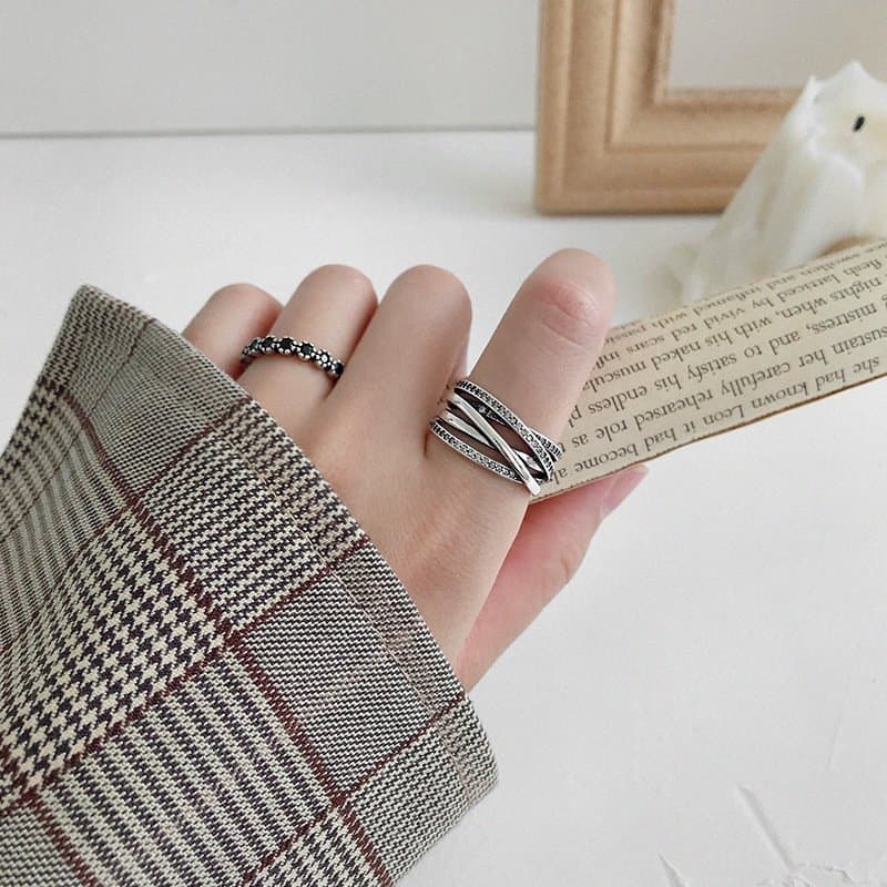 Retro CZ Multi Lines Cross 925 Sterling Silver Adjustable Ring