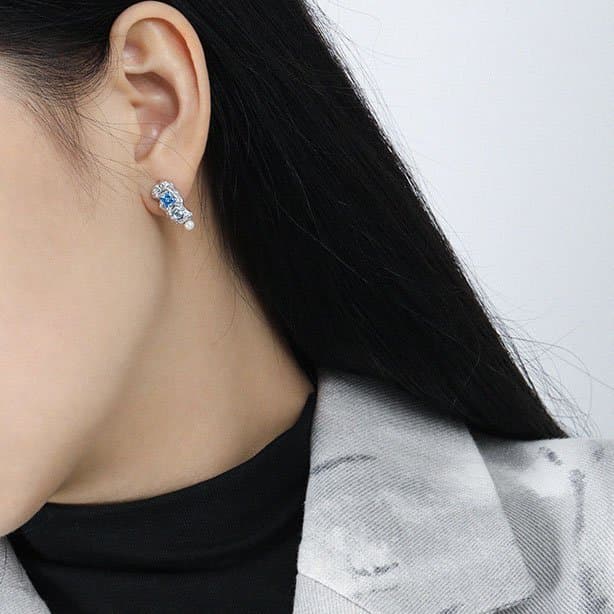 Asymmetric Blue CZ Irregular 925 Sterling Silver Stud Earrings