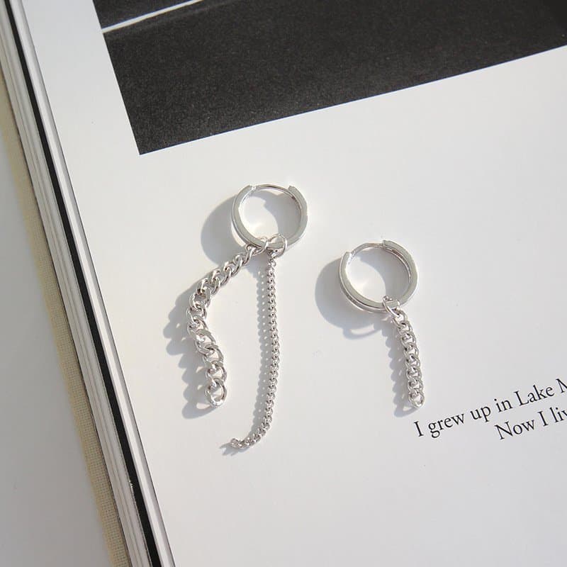 Asymmetric Circle Hollow Chain Tassels 925 Sterling Silver Hoop Earrings