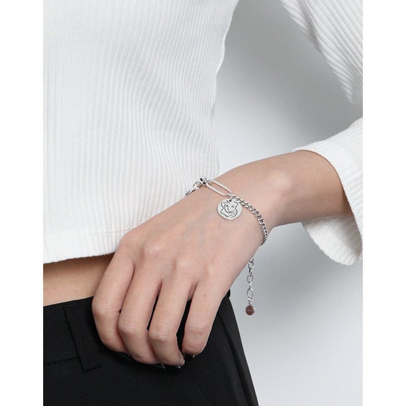 Asymmetric Curb Paperclip Chain Portrait Vintage 925 Sterling Silver Bracelet