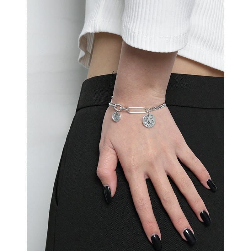 Asymmetric Curb Paperclip Chain Portrait Vintage 925 Sterling Silver Bracelet