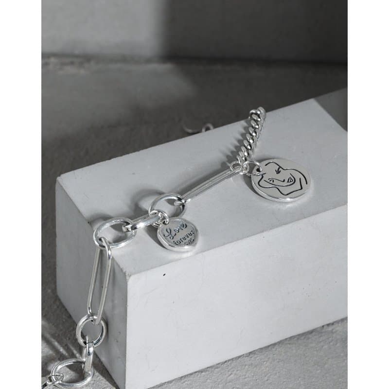 Asymmetric Curb Paperclip Chain Portrait Vintage 925 Sterling Silver Bracelet