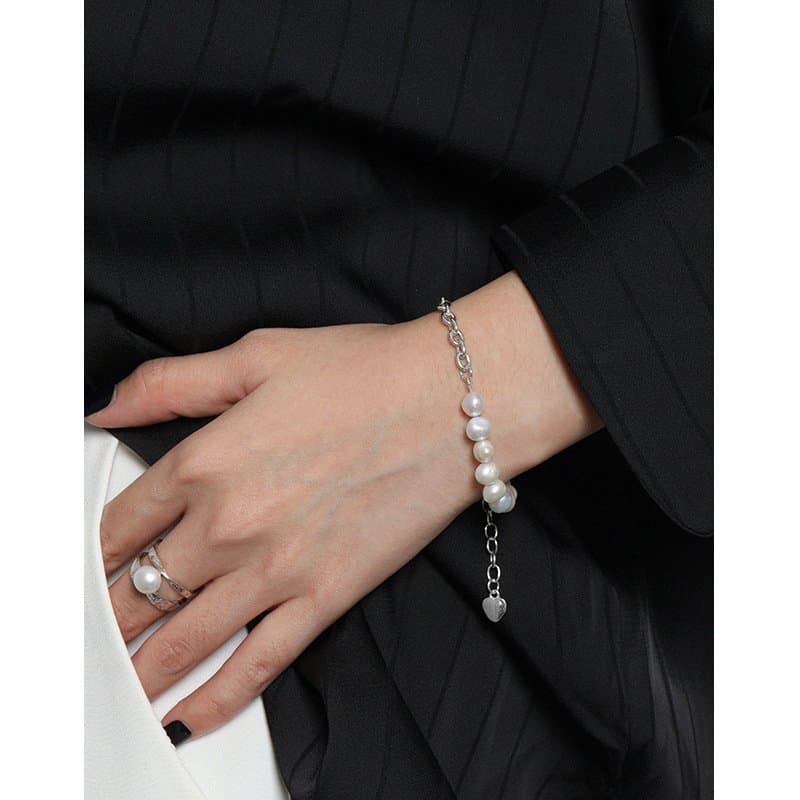 Asymmetric Natural Pearls Curb Chain 925 Sterling Silver Bracelet