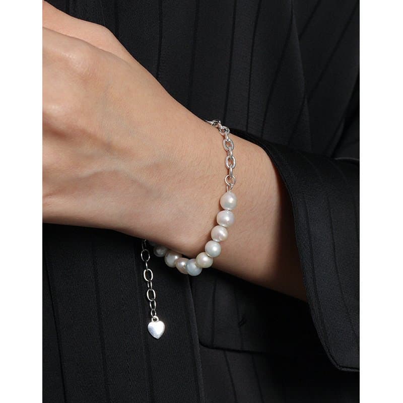 Asymmetric Natural Pearls Curb Chain 925 Sterling Silver Bracelet