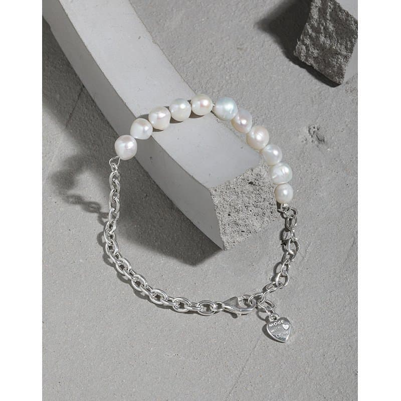 Asymmetric Natural Pearls Curb Chain 925 Sterling Silver Bracelet