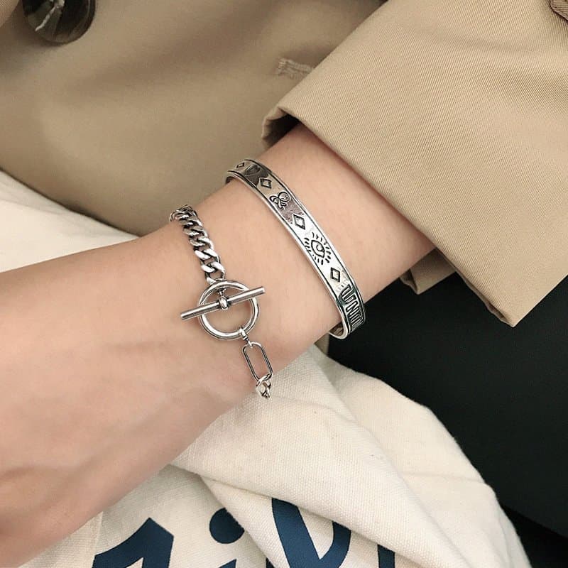 Asymmetric Vintage Curb Chain OT 925 Sterling Silver Bracelet