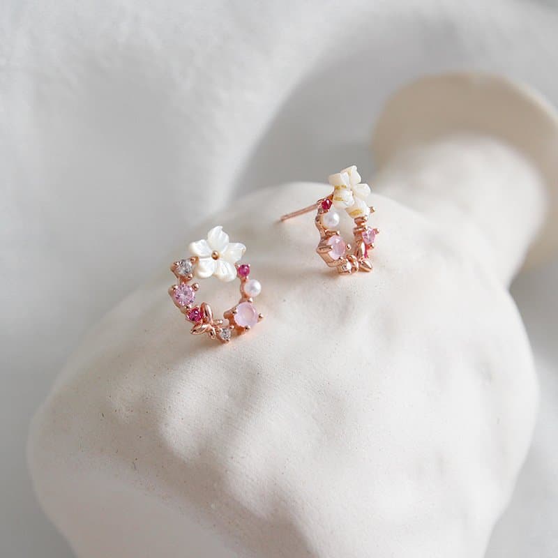 Pink CZ Shell Flowers Garland 925 Sterling Silver Stud Earrings
