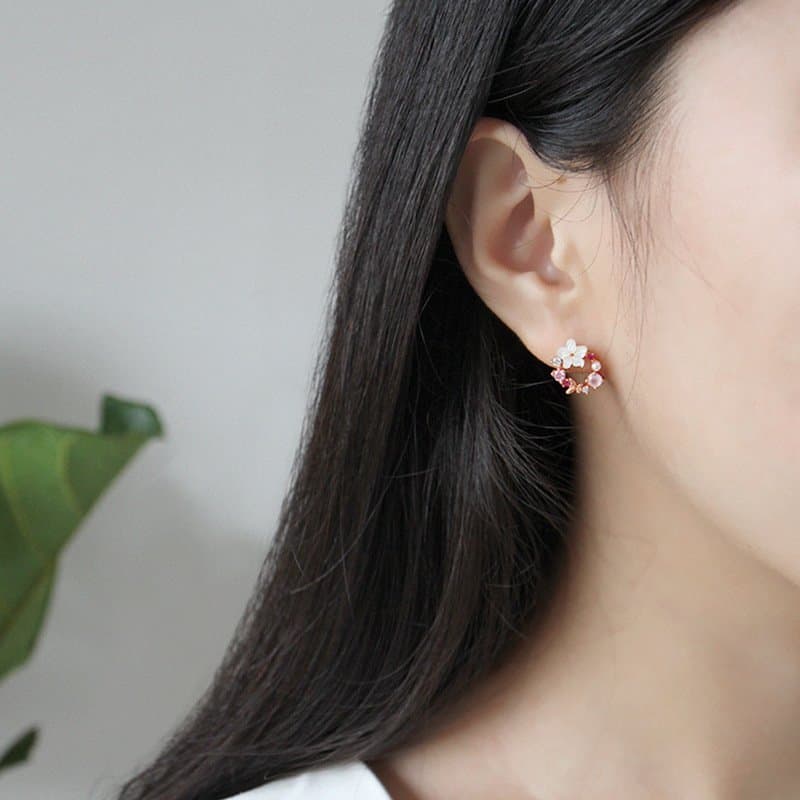 Pink CZ Shell Flowers Garland 925 Sterling Silver Stud Earrings