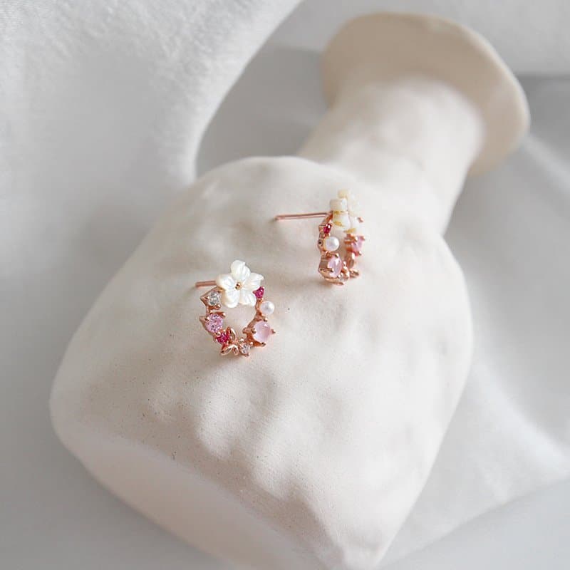 Pink CZ Shell Flowers Garland 925 Sterling Silver Stud Earrings