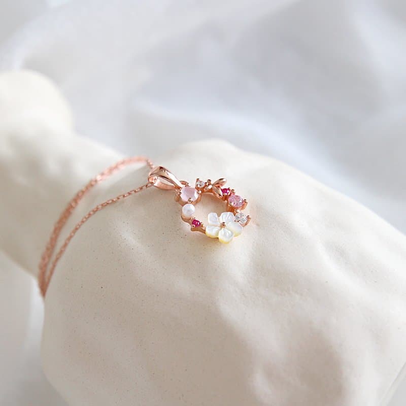 Pink CZ White Shell Flower Garland 925 Sterling Silver Necklace