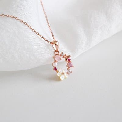 Pink CZ White Shell Flower Garland 925 Sterling Silver Necklace