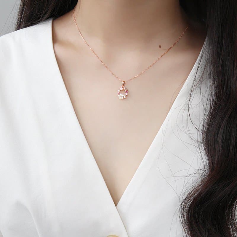 Pink CZ White Shell Flower Garland 925 Sterling Silver Necklace