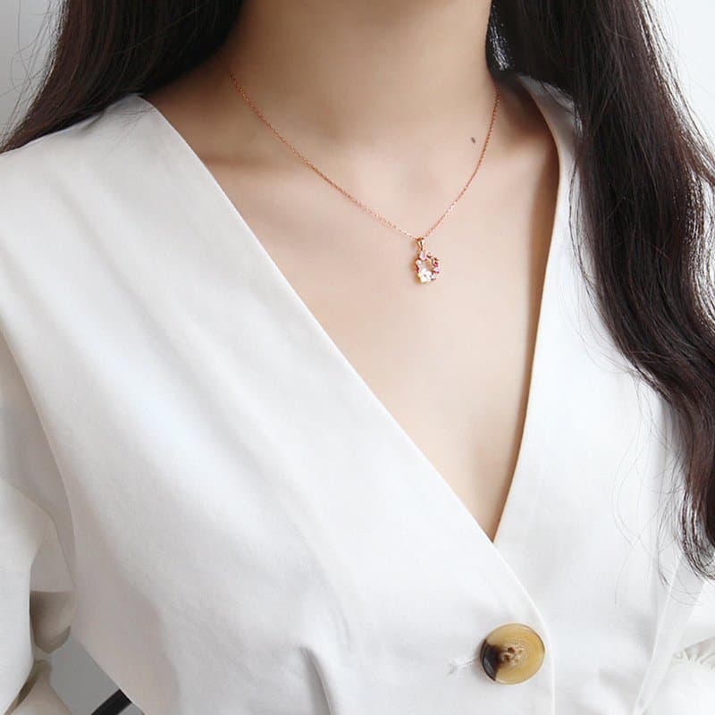 Pink CZ White Shell Flower Garland 925 Sterling Silver Necklace
