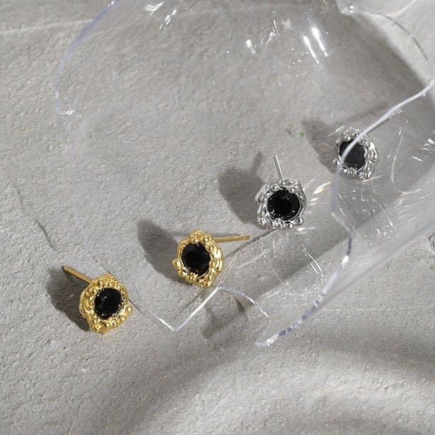 Black CZ Flower Bud 925 Sterling Silver Stud Earrings