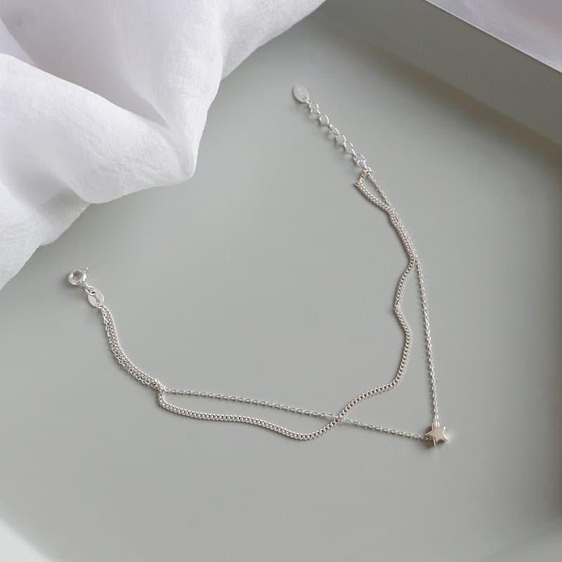 Double Layers Rolo Chain Mini Star 925 Sterling Silver Anklet