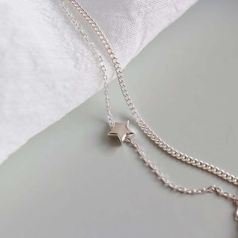 Double Layers Rolo Chain Mini Star 925 Sterling Silver Anklet