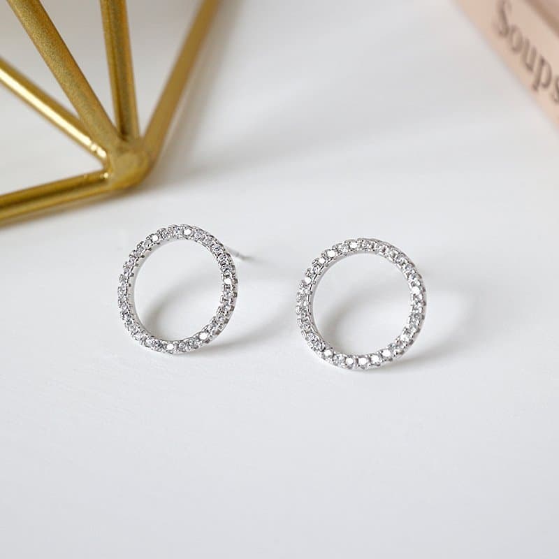 Classic Geometric Hollow CZ Circle 925 Sterling Silver Stud Earrings