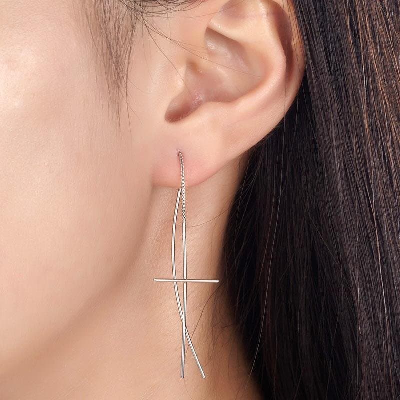 Dangle Drop Cross Sterling Silver Earrings