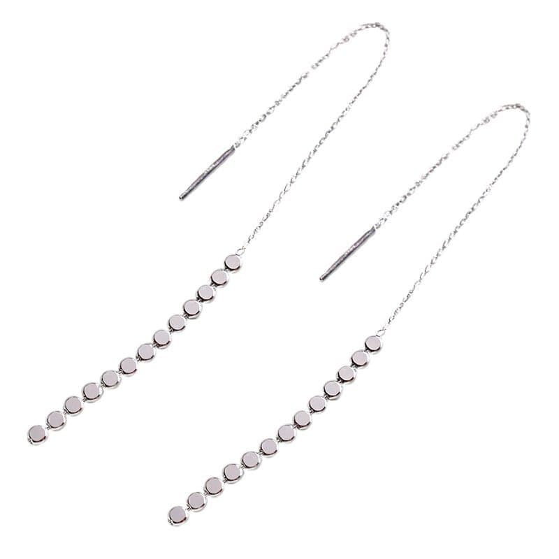 Elegant Flat Beads Tassels 925 Sterling Silver Thread Dangling Earrings