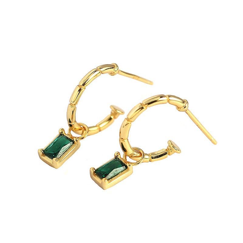 Elegant Geometric Green CZ Rectangle 925 Sterling Silver Hoop Earrings