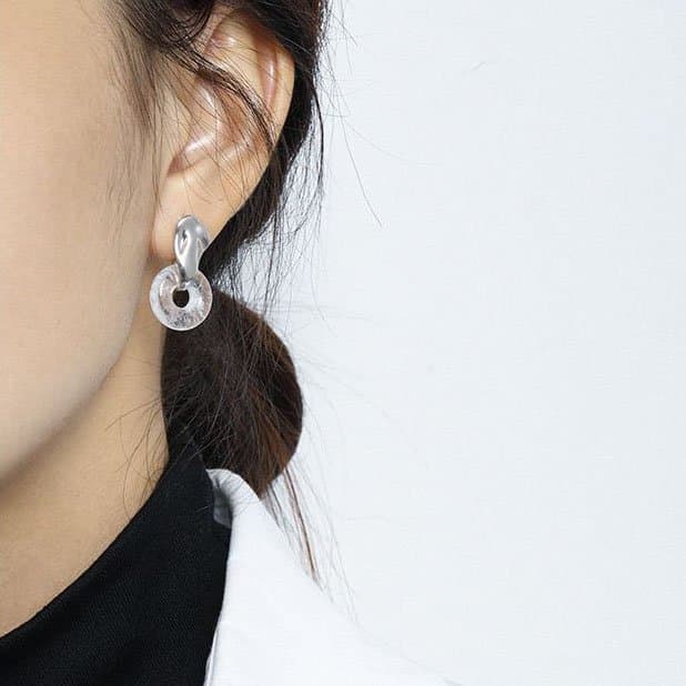 Elegant Geometric Natural Crystal Circle 925 Sterling Silver Dangling Earrings