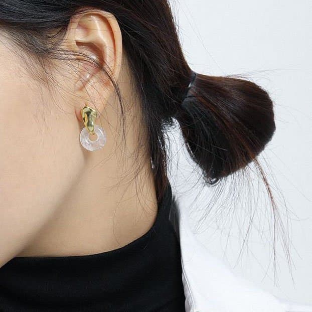 Elegant Geometric Natural Crystal Circle 925 Sterling Silver Dangling Earrings