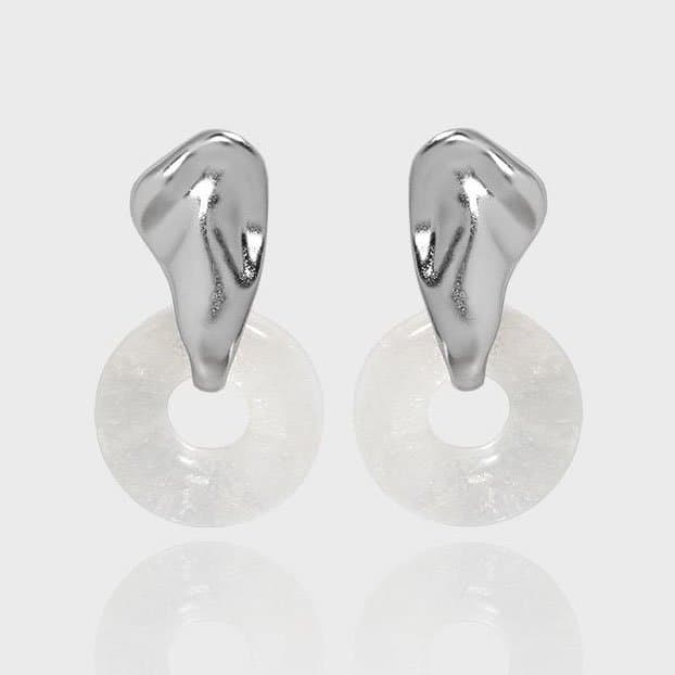Elegant Geometric Natural Crystal Circle 925 Sterling Silver Dangling Earrings
