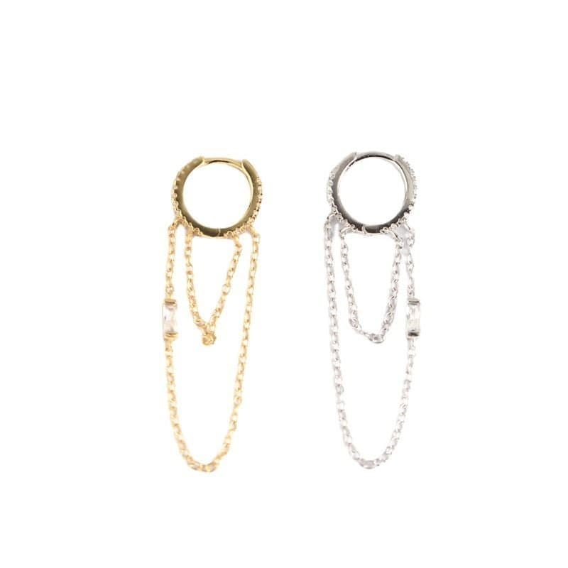 Double Layer CZ Chain Tassels 925 Sterling Silver Hoop Earrings