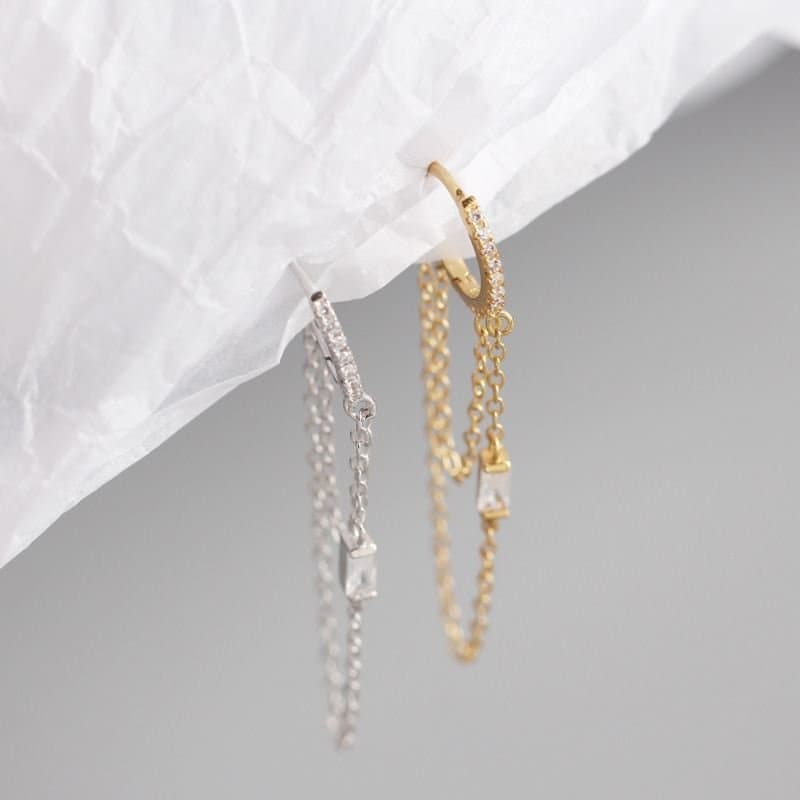 Double Layer CZ Chain Tassels 925 Sterling Silver Hoop Earrings