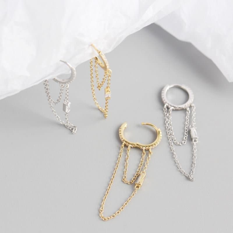 Double Layer CZ Chain Tassels 925 Sterling Silver Hoop Earrings