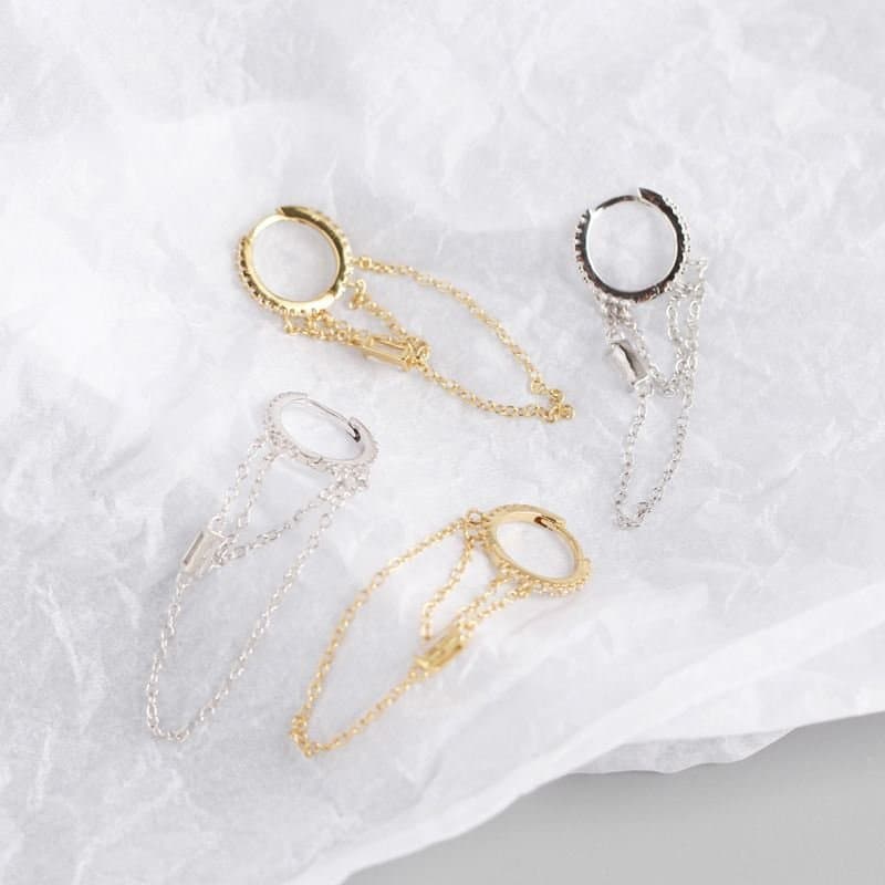Double Layer CZ Chain Tassels 925 Sterling Silver Hoop Earrings