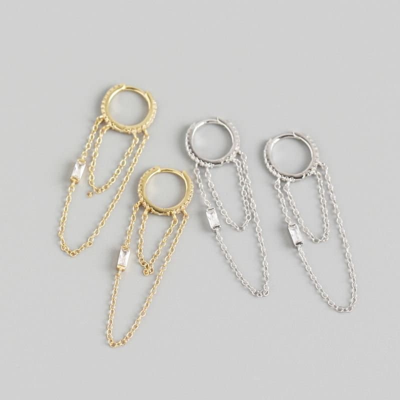 Double Layer CZ Chain Tassels 925 Sterling Silver Hoop Earrings