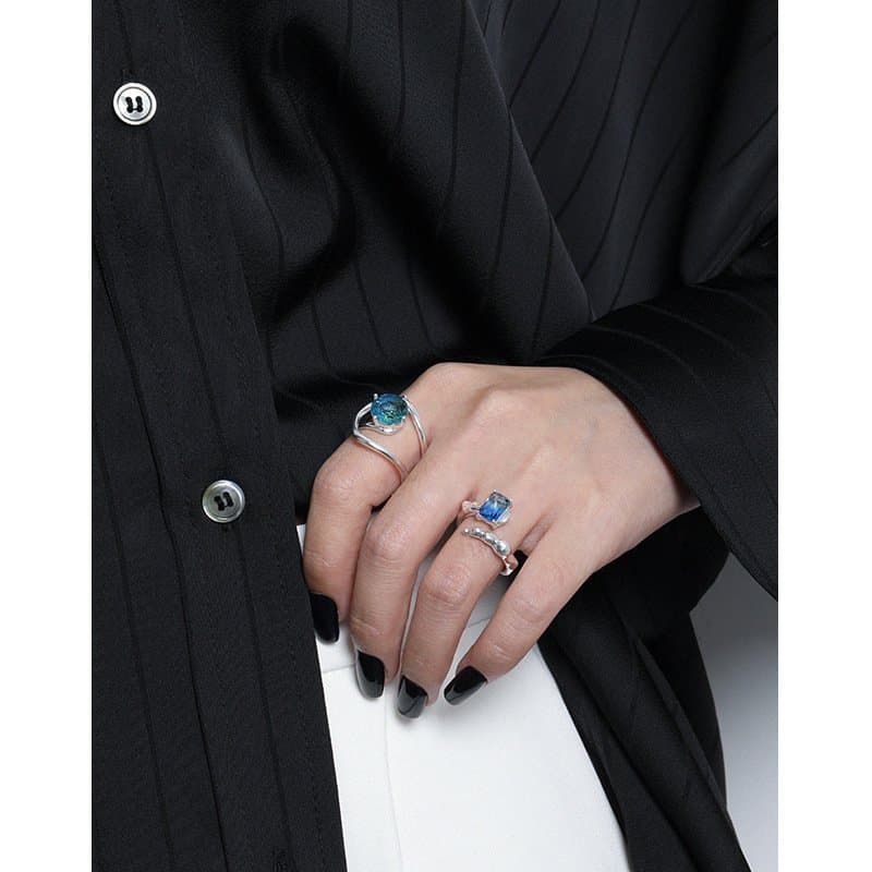 Double Layer Scenery Stone 925 Sterling Silver Adjustable Ring