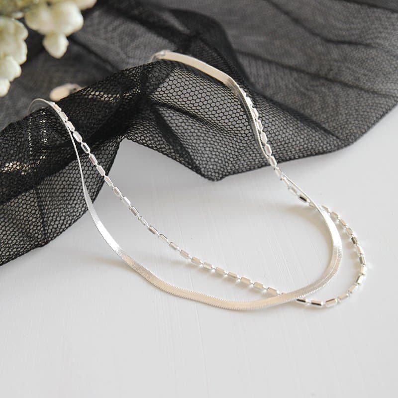 Double Layers Tube Beads Herring Bone Chain 925 Sterling Silver Anklet