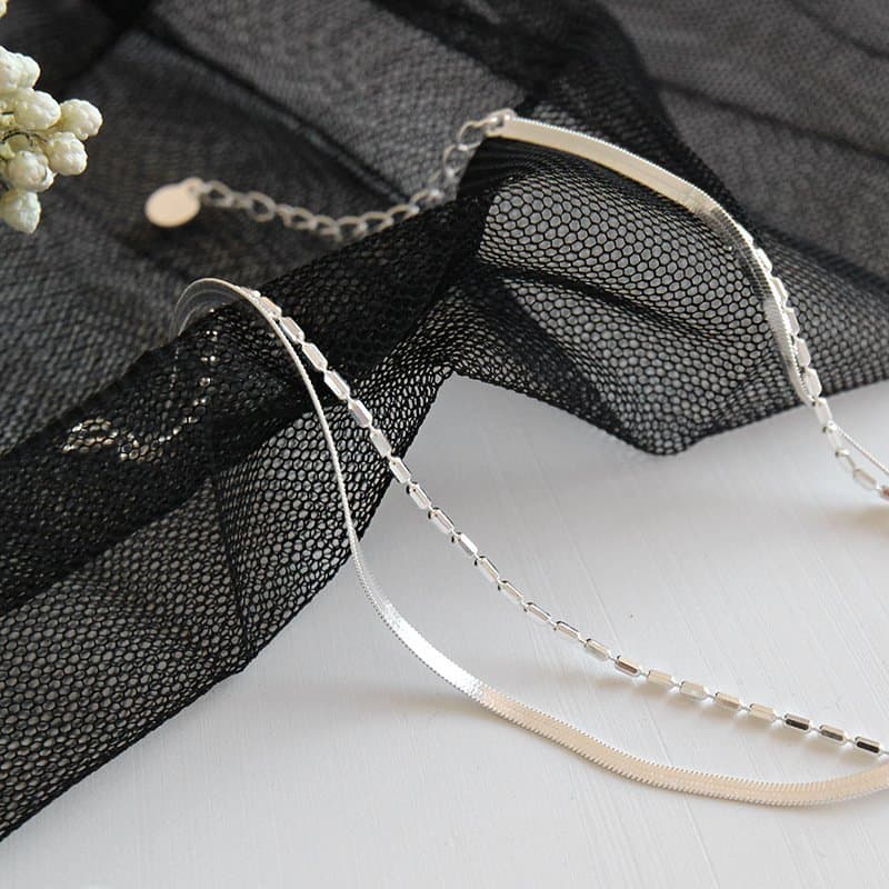 Double Layers Tube Beads Herring Bone Chain 925 Sterling Silver Anklet