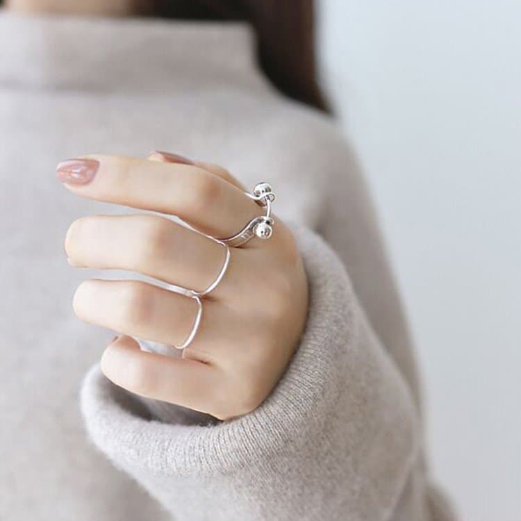Geometric Double Beads 925 Sterling Silver Adjustable Ring