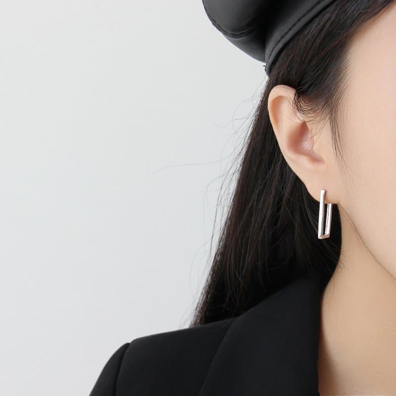 Geometric Hollow Rectangle 925 Sterling Silver Hoop Earrings