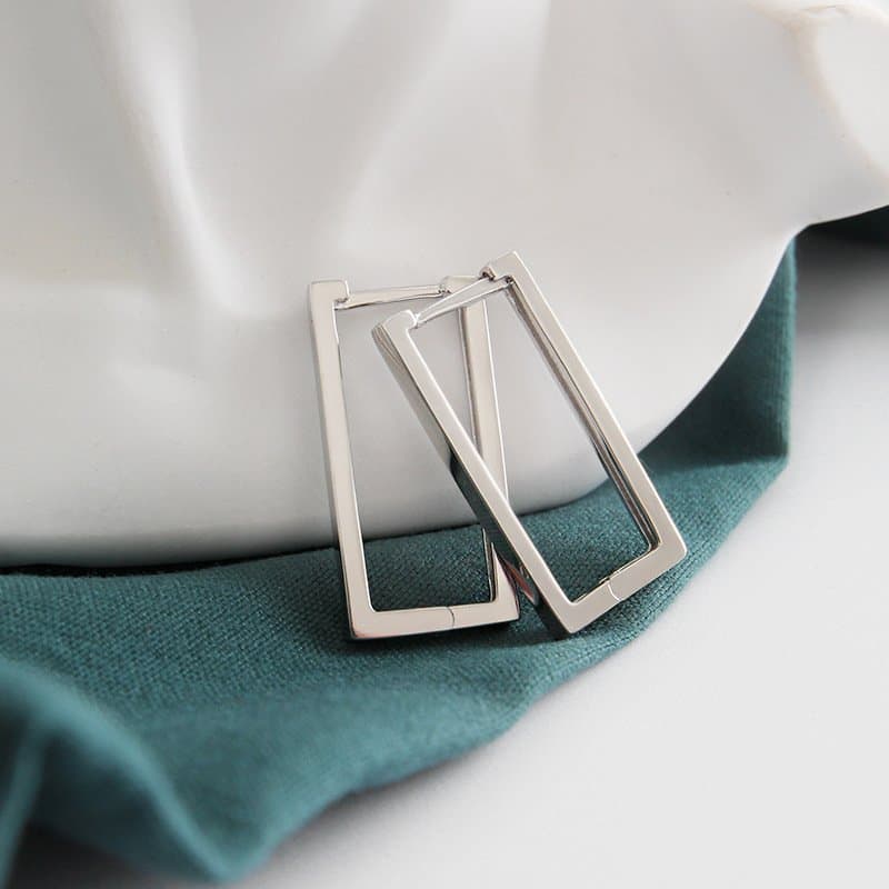 Geometric Hollow Rectangle 925 Sterling Silver Hoop Earrings